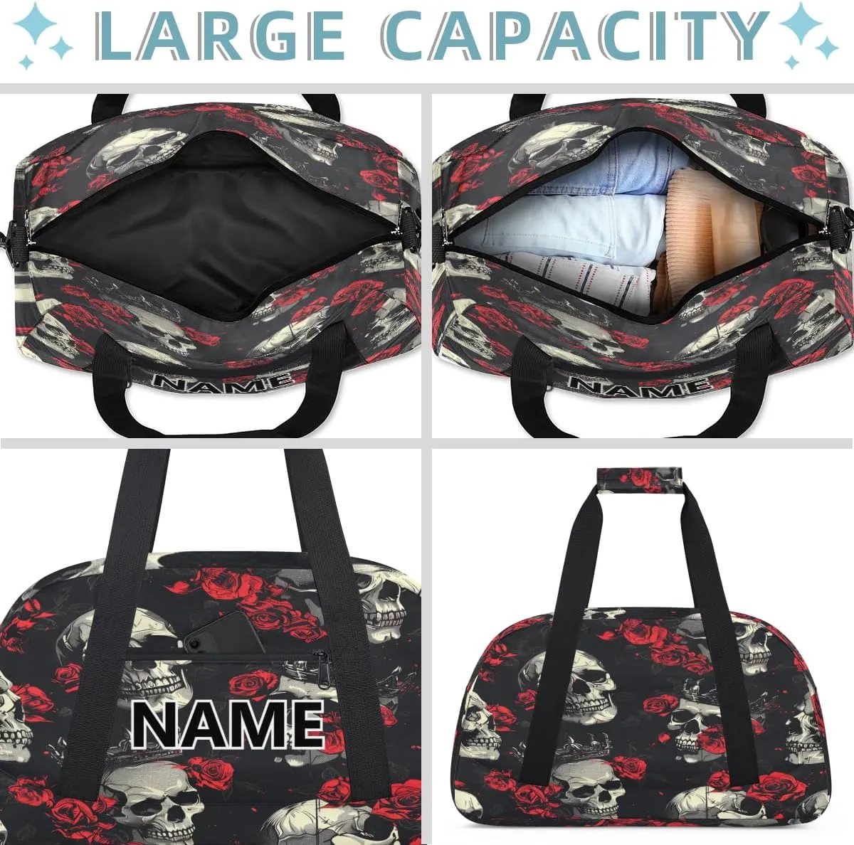 Gothic Sugar Skull Mini Gym Bag 18 inch for Women Men Waterproof Custom Skull Travel Duffel Bag Carry On Overnight Tote Nurse Bag for Work Fitness Hiking