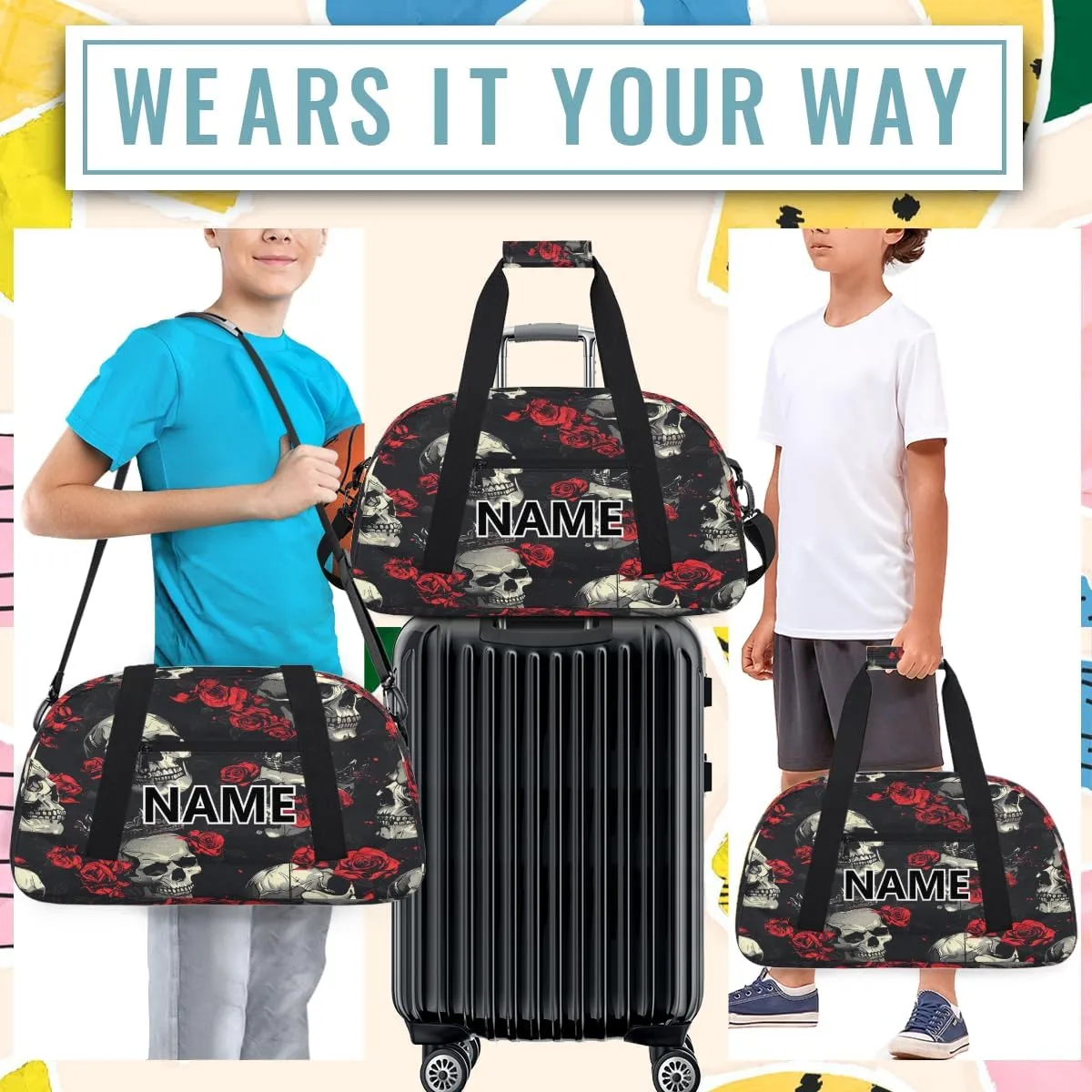 Gothic Sugar Skull Mini Gym Bag 18 inch for Women Men Waterproof Custom Skull Travel Duffel Bag Carry On Overnight Tote Nurse Bag for Work Fitness Hiking