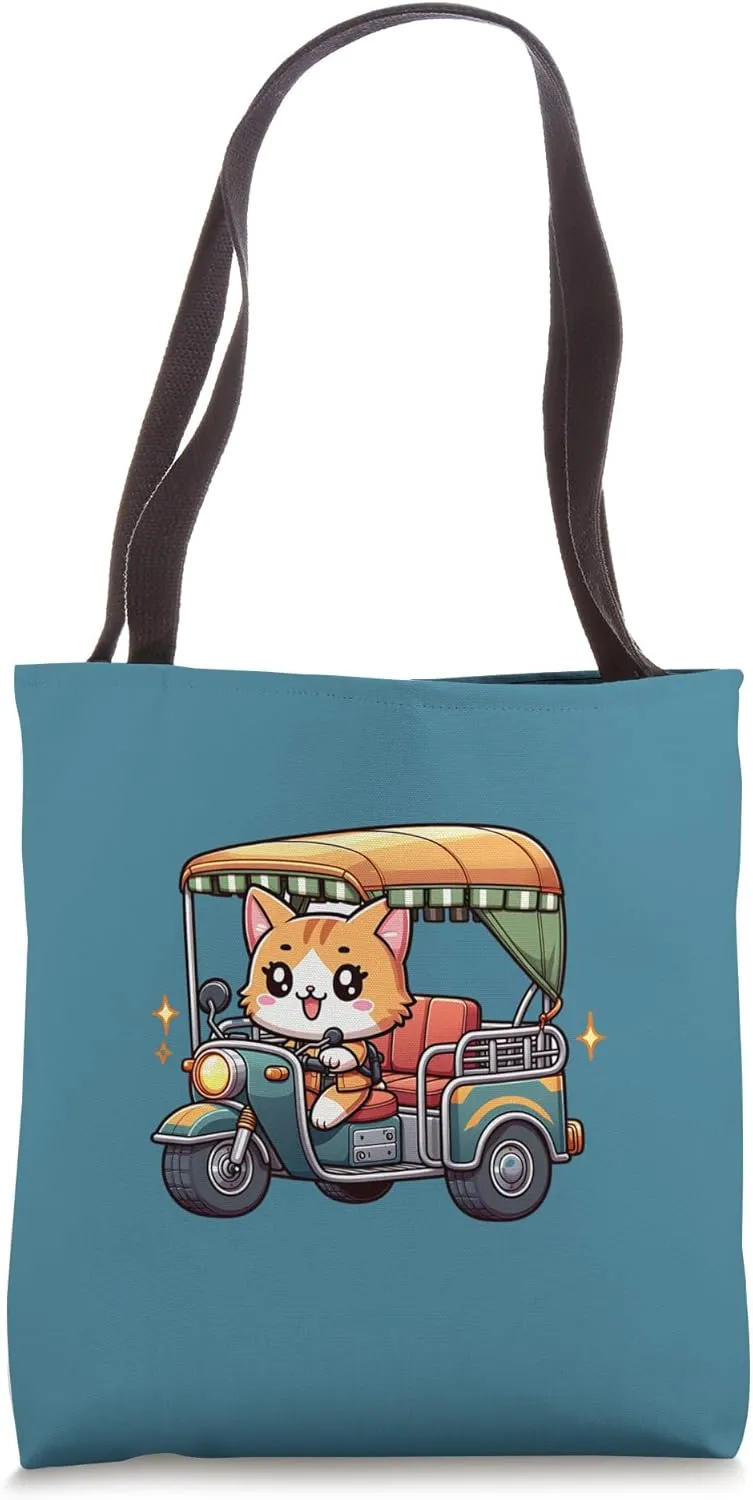Graphic Kawaii Feline driving a motorize three-wheeled Tote Bag