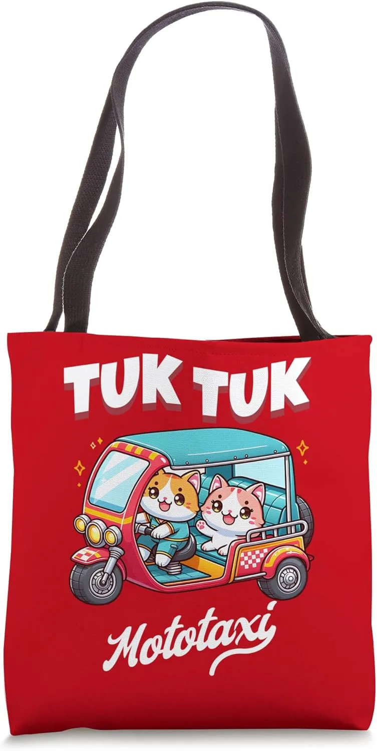 Graphic Kawaii Feline driving a motorize three-wheeled Tote Bag