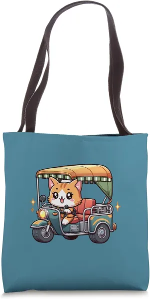 Graphic Kawaii Feline driving a motorize three-wheeled Tote Bag