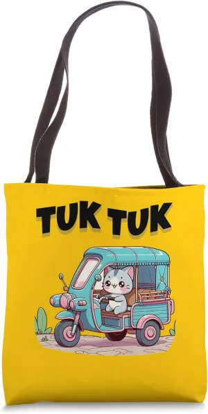 Graphic Kawaii Feline driving a motorize three-wheeled Tote Bag