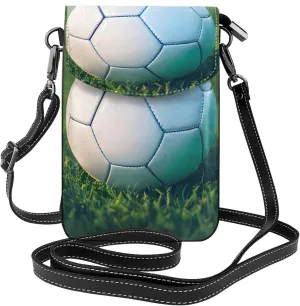 Green Soccer Ball On Grassy Print Small Cell Phone Leather Purse Adjustable Shoulder Rope Crossbody Bags For Women