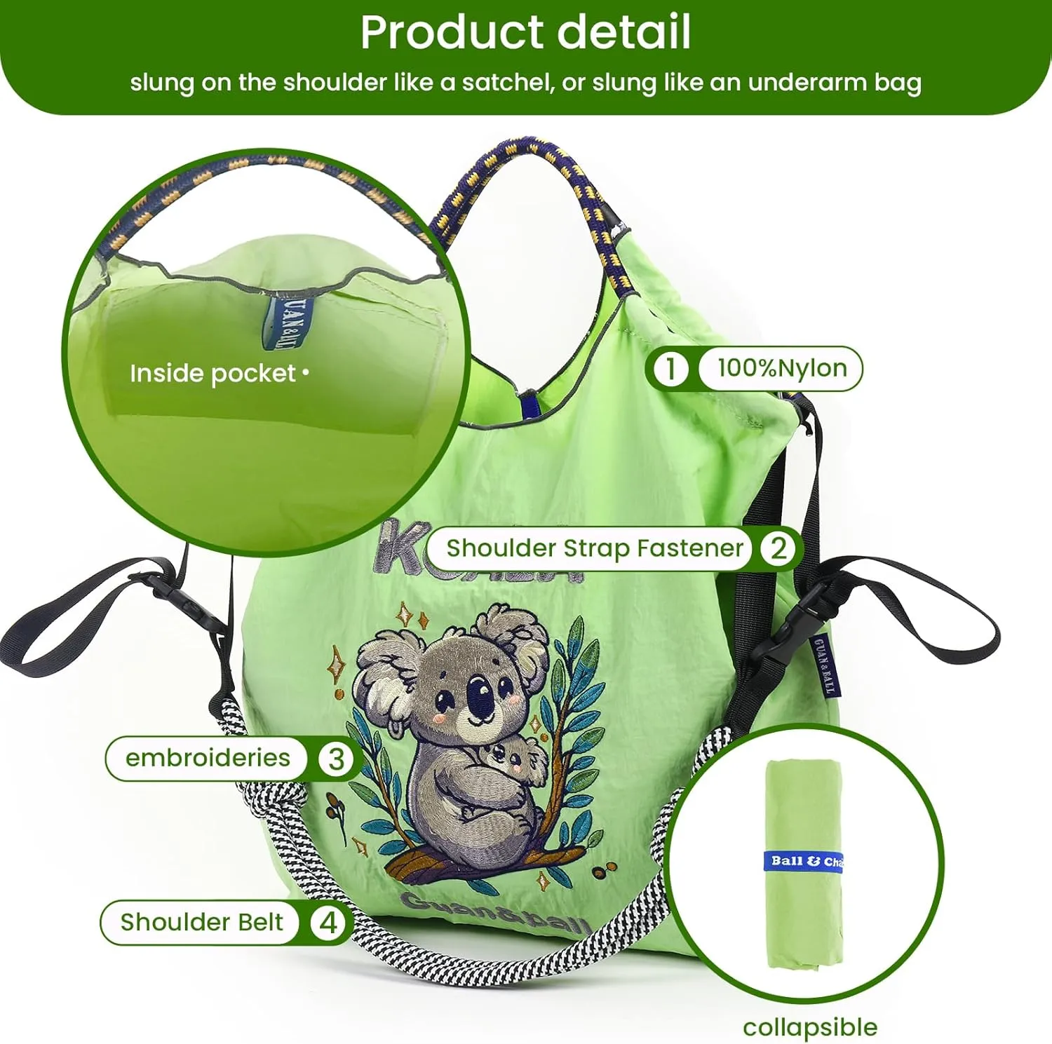 Guan&Ball Tote Bag for Women, Foldable Tote Bag With Large Shoulder strap Bag Handle Handbag for Travel, Work