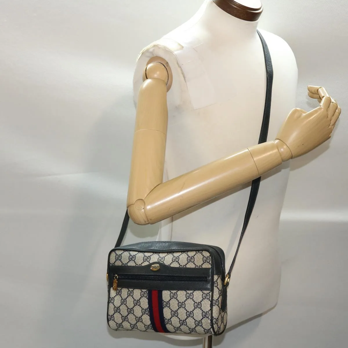 GUCCI GG Canvas Sherry Line Shoulder Bag PVC Leather Gray Red Navy 49788