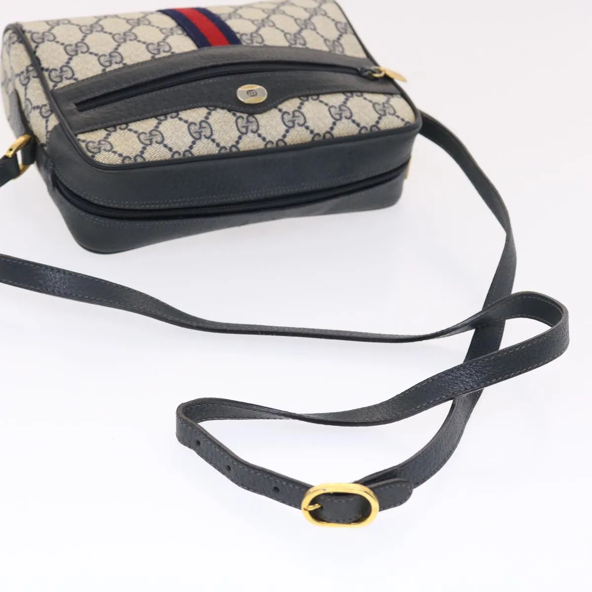 GUCCI GG Canvas Sherry Line Shoulder Bag PVC Leather Gray Red Navy 49788