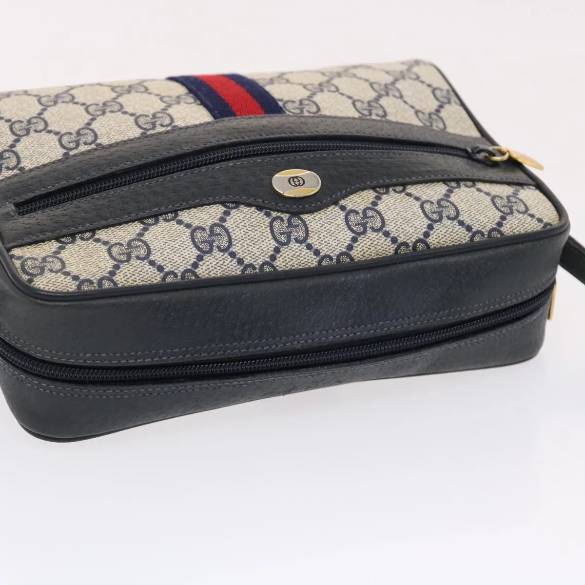 GUCCI GG Canvas Sherry Line Shoulder Bag PVC Leather Gray Red Navy 49788