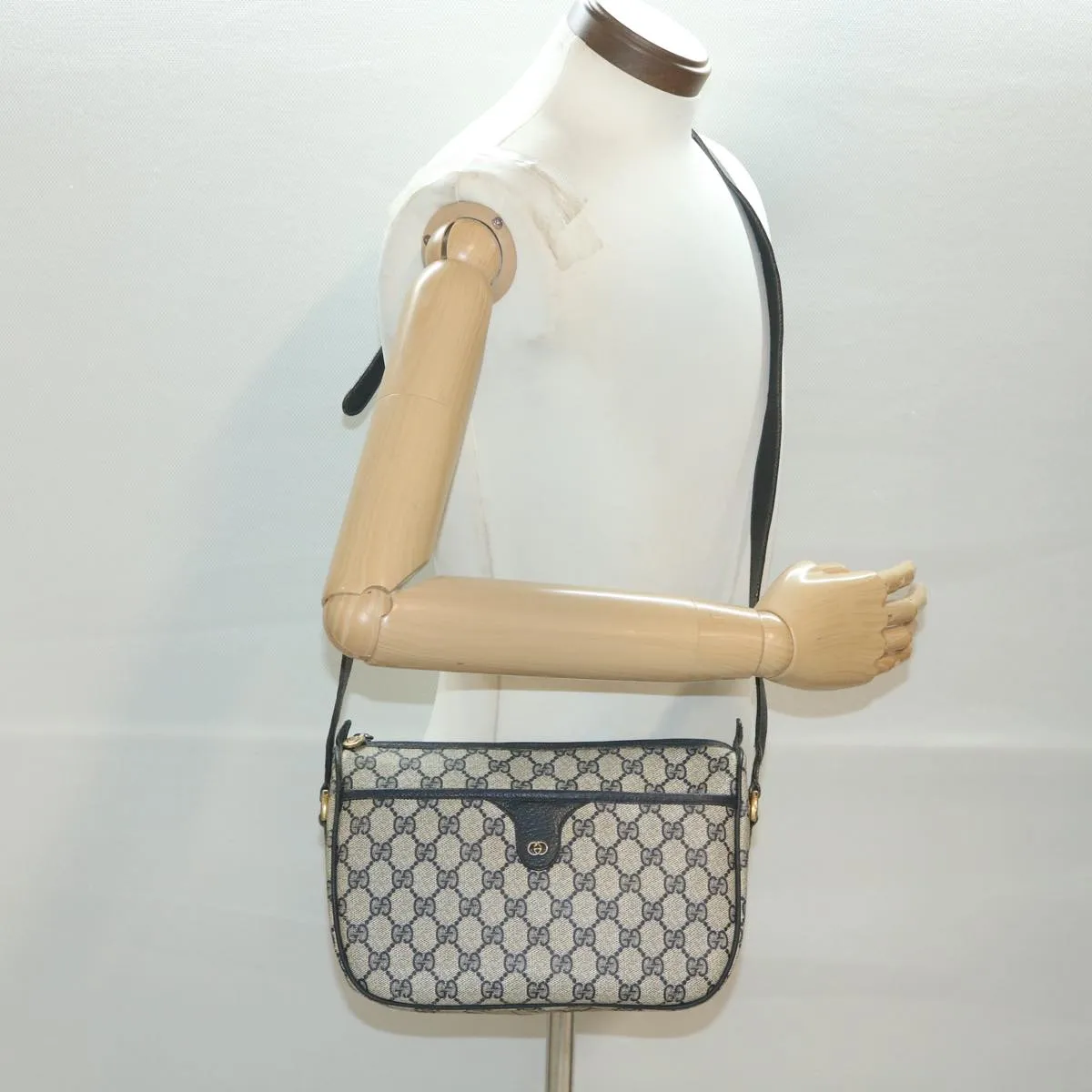 GUCCI GG Canvas Shoulder Bag PVC Leather Gray Navy 001 115 6106 38113
