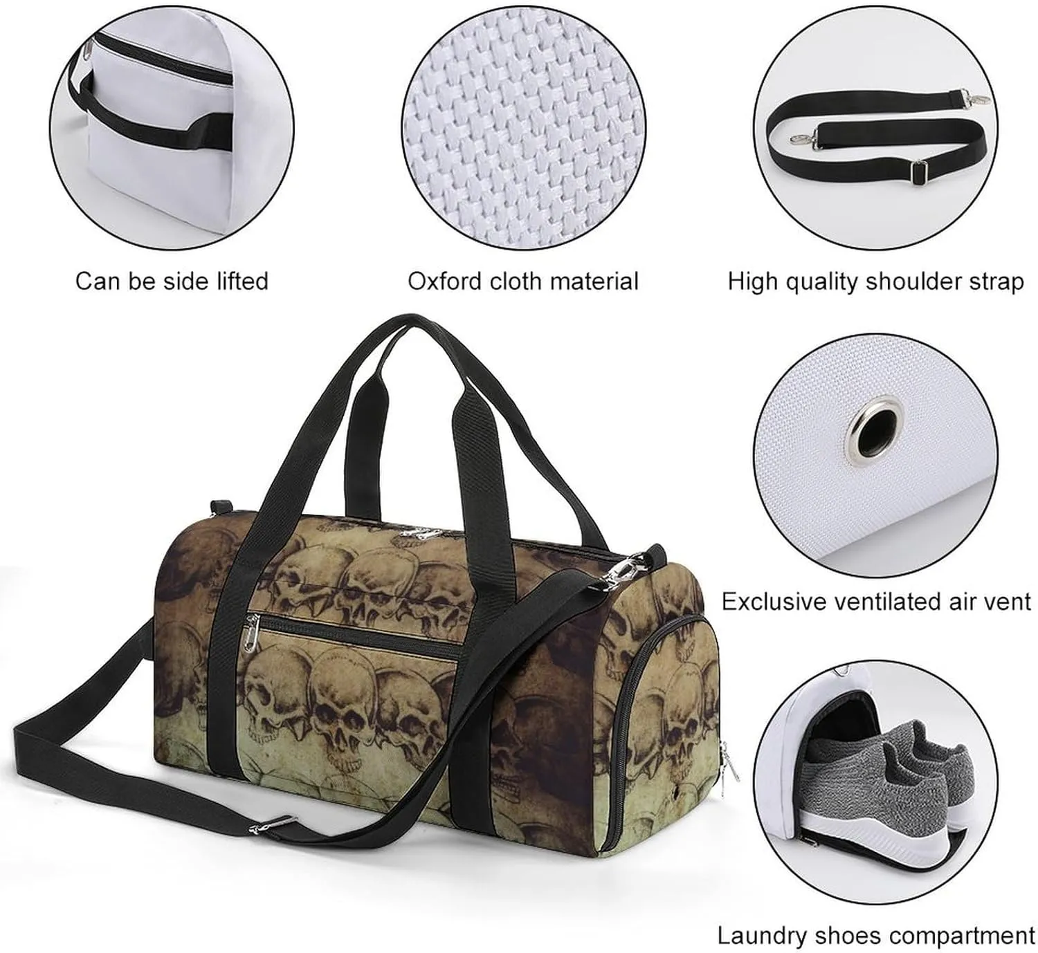 Gym Duffel Bag with Shoe Compartment Wet Pocket, Art-Skulls Pattern Travel Bag for Men Women
