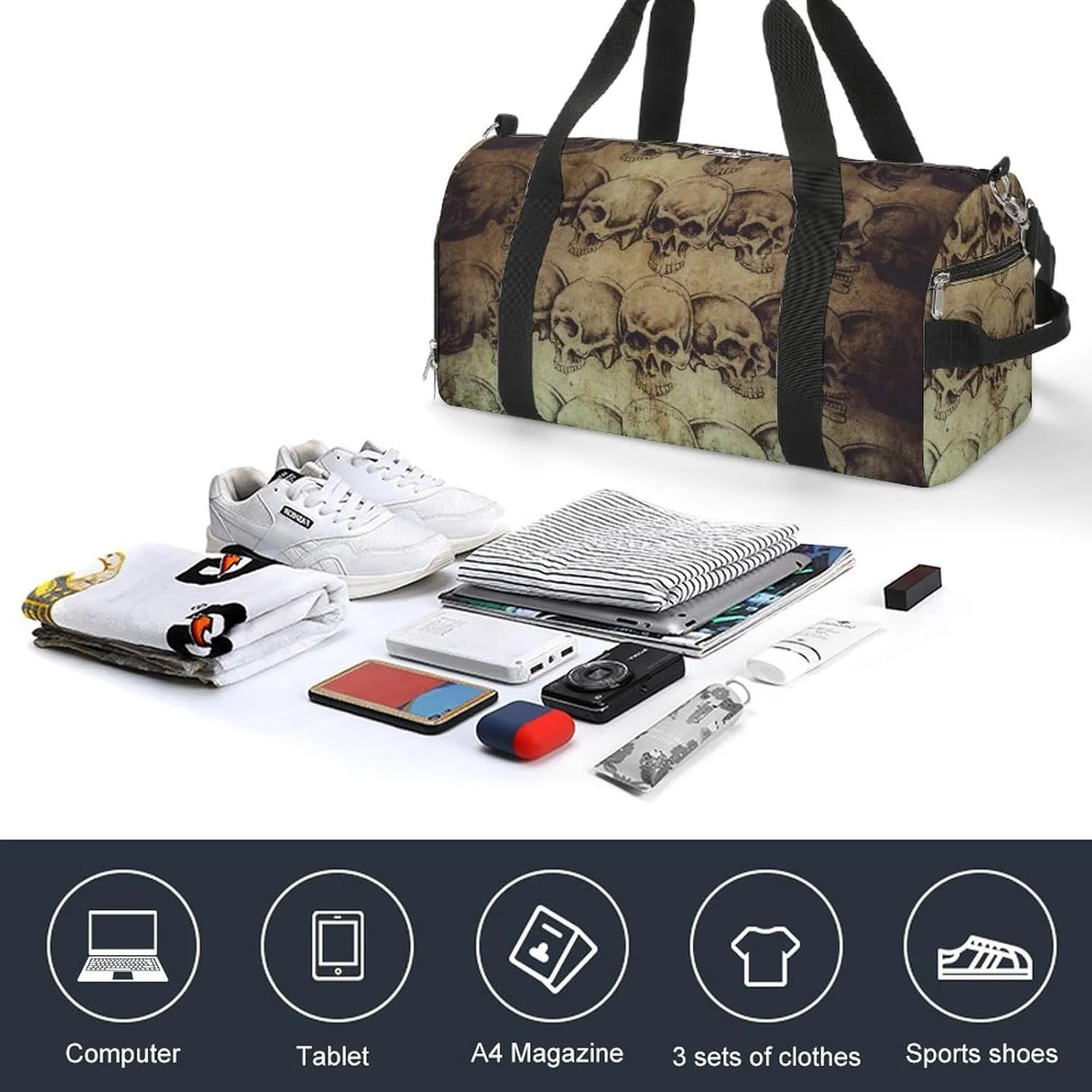 Gym Duffel Bag with Shoe Compartment Wet Pocket, Art-Skulls Pattern Travel Bag for Men Women