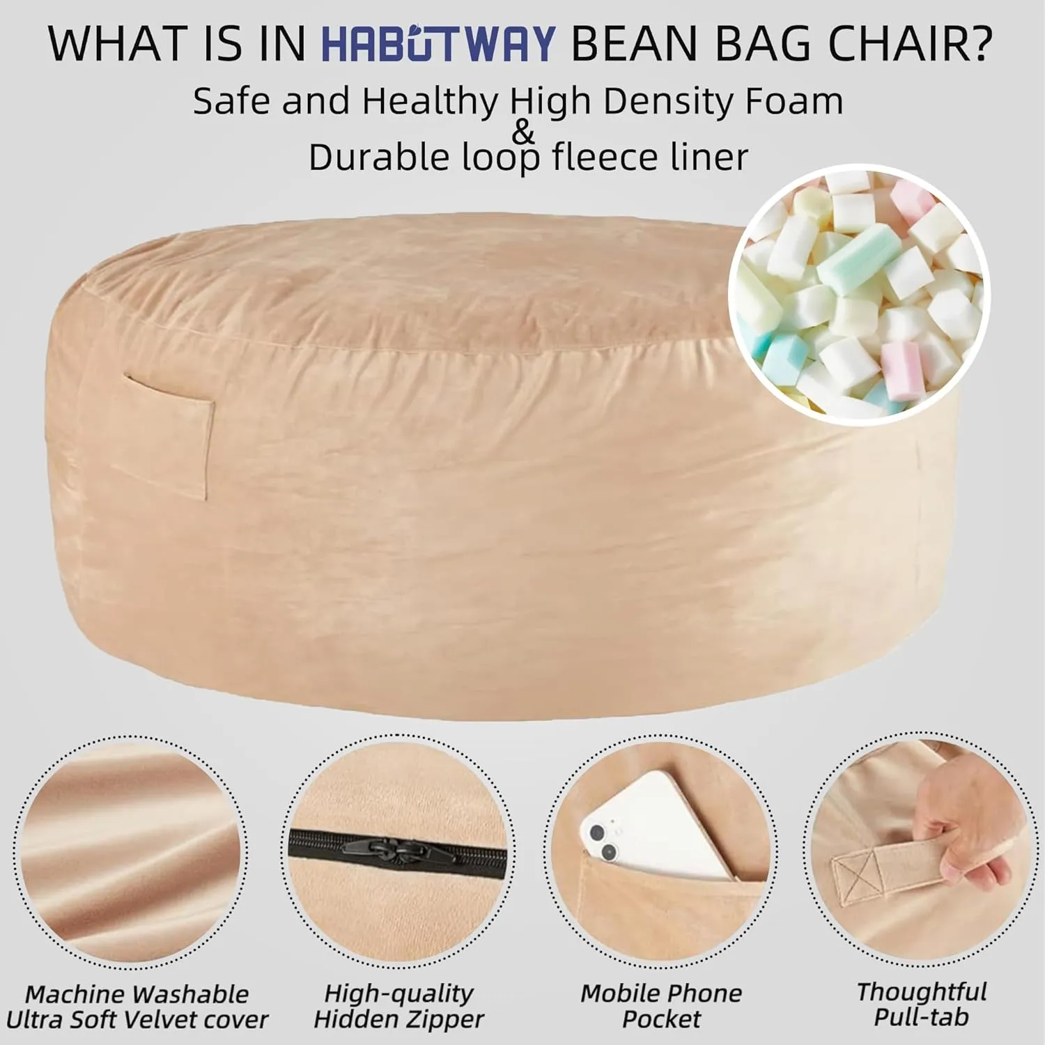 HABUTWAY Bean Bag Chair: Giant 5' Memory Foam Furniture Bean Bag Chair with Microfiber Cover - 5Ft, Khaki