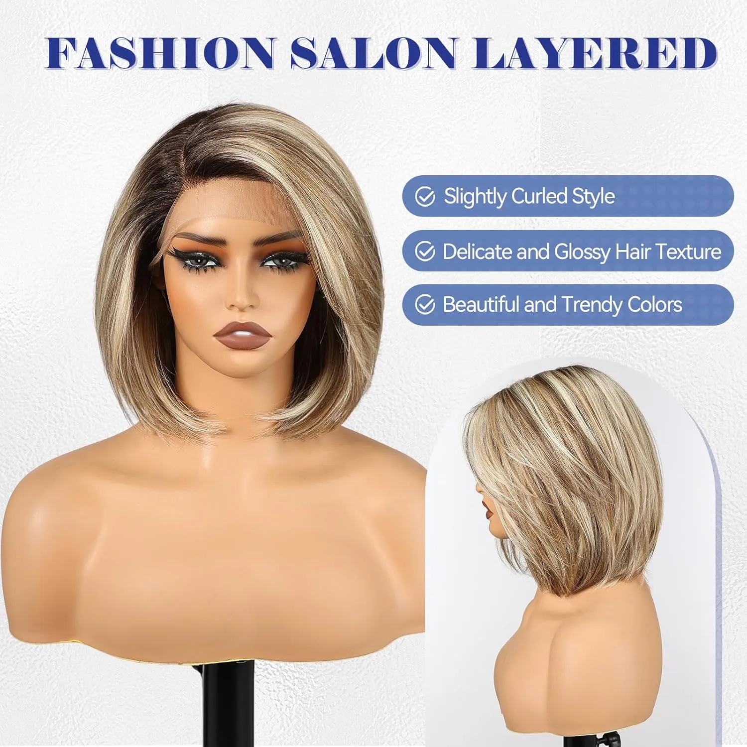 HAIRCUBE Brown Highlight Synthetic Lace Front Wig, 10Inch shoulder length Bob wig，Glueless Human-Like Wig for Women, Natural Hairline & Adjustable Cap
