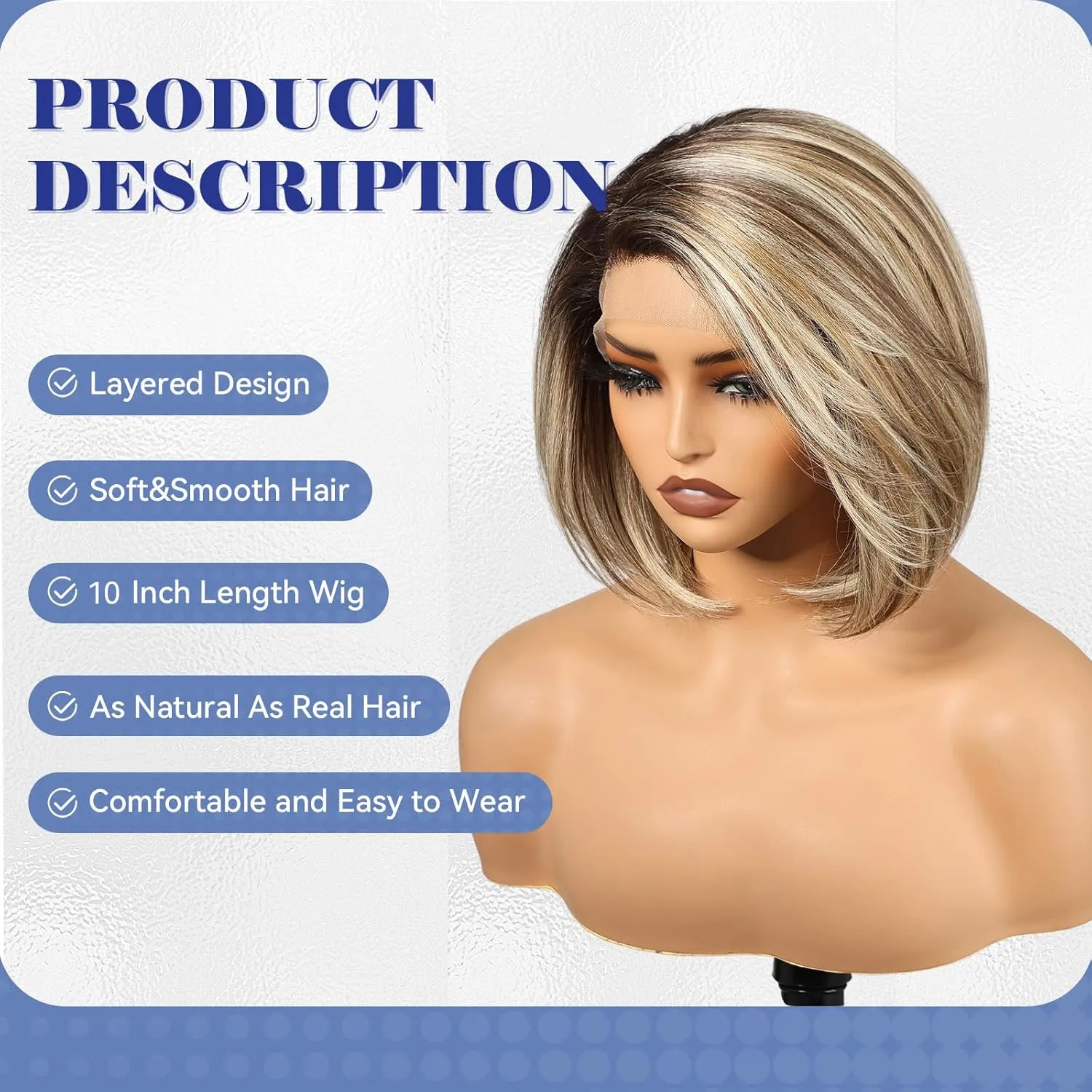 HAIRCUBE Brown Highlight Synthetic Lace Front Wig, 10Inch shoulder length Bob wig，Glueless Human-Like Wig for Women, Natural Hairline & Adjustable Cap