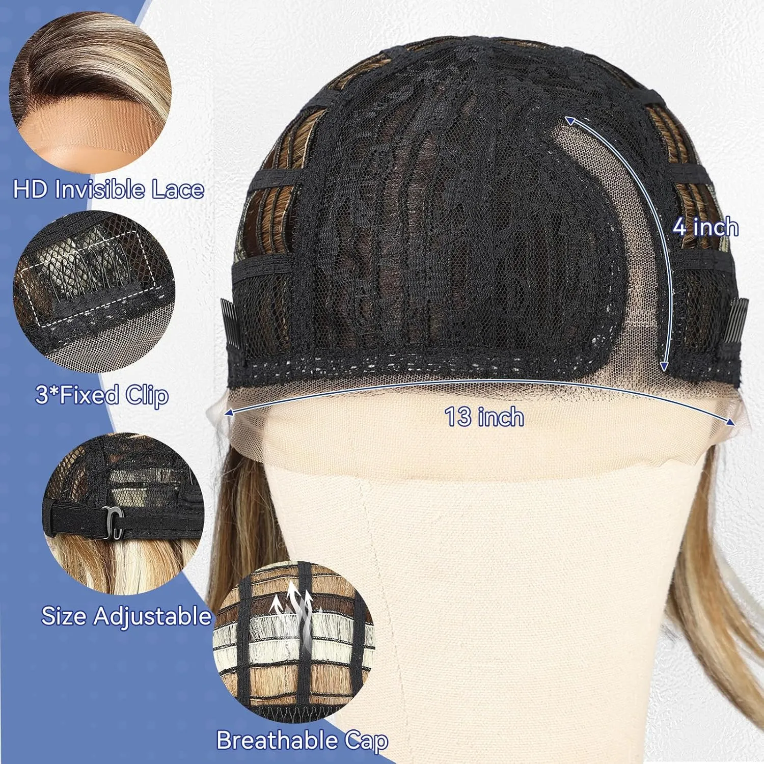 HAIRCUBE Brown Highlight Synthetic Lace Front Wig, 10Inch shoulder length Bob wig，Glueless Human-Like Wig for Women, Natural Hairline & Adjustable Cap
