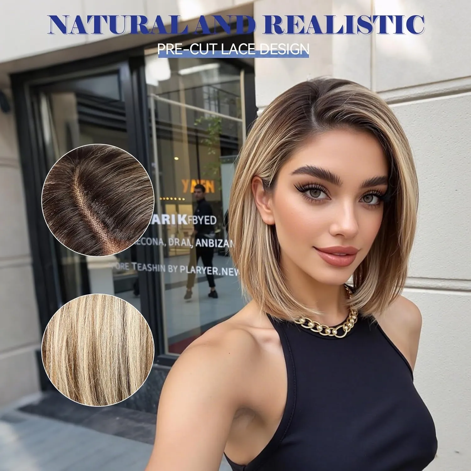 HAIRCUBE Brown Highlight Synthetic Lace Front Wig, 10Inch shoulder length Bob wig，Glueless Human-Like Wig for Women, Natural Hairline & Adjustable Cap