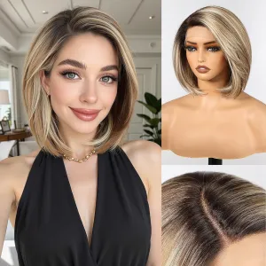 HAIRCUBE Brown Highlight Synthetic Lace Front Wig, 10Inch shoulder length Bob wig，Glueless Human-Like Wig for Women, Natural Hairline & Adjustable Cap