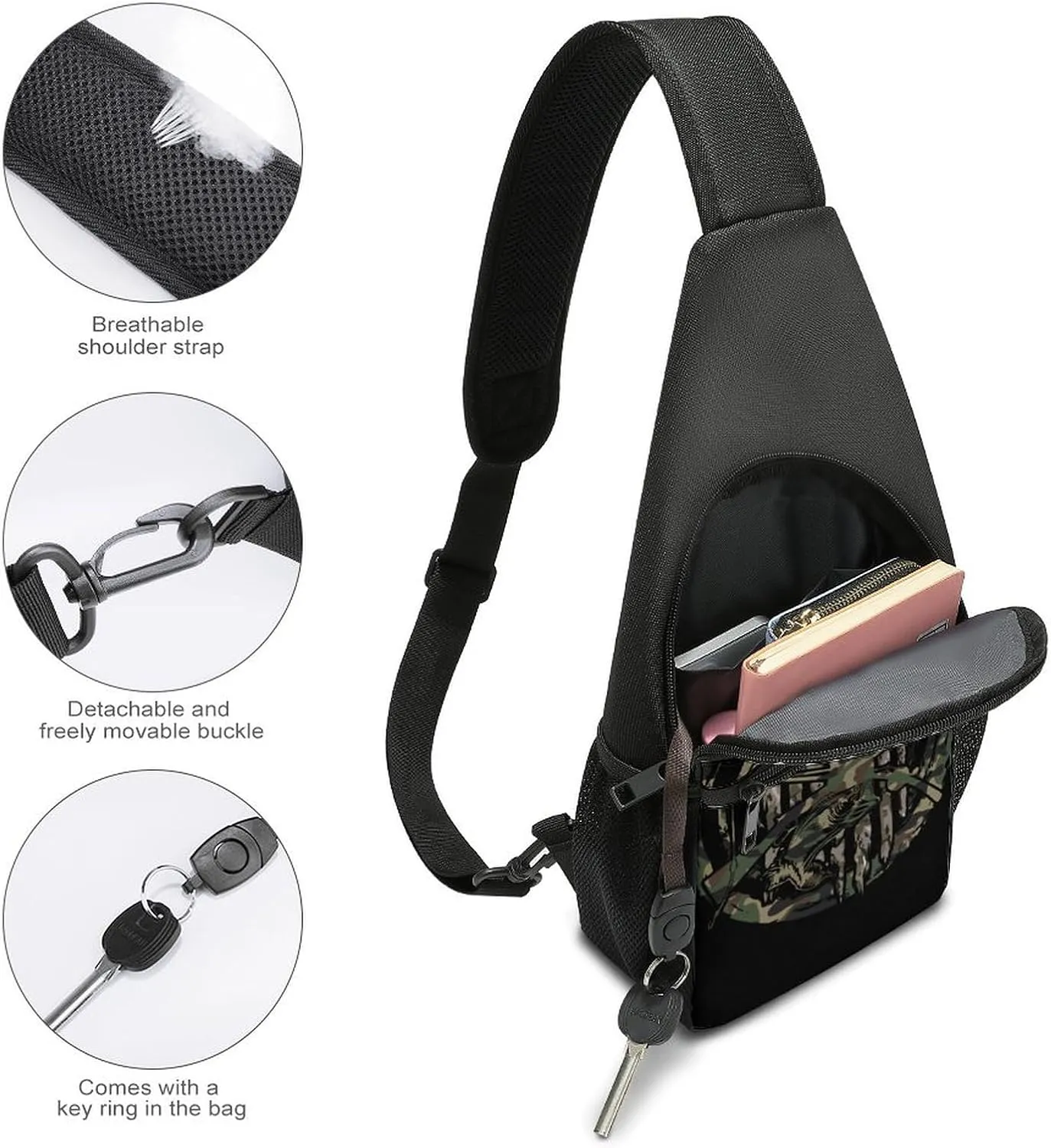 Halloween Decorations Black Cat Bat Pumpkin Skull Party Pattern Large Capacity Portable Chest Bag, Single Shoulder Chest Bag