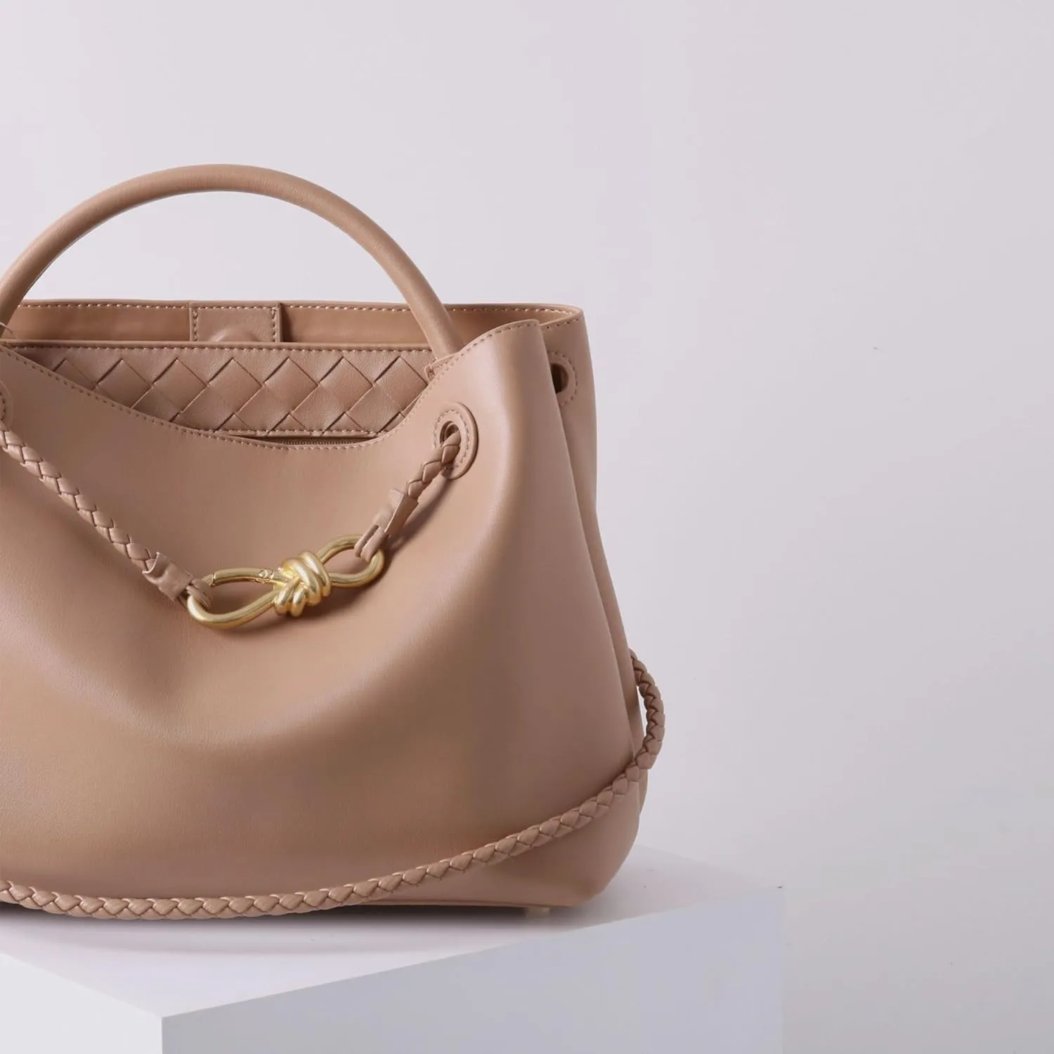 Handcrafted Leather Handbag For Women with Metal Bow Rope Buckle, Large Capacity Messenger Bag