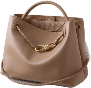 Handcrafted Leather Handbag For Women with Metal Bow Rope Buckle, Large Capacity Messenger Bag