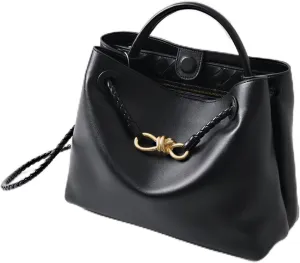 Handcrafted Premium Leather Handbag with Metal Rope Buckle, Detachable Braided Strap, Large Capacity