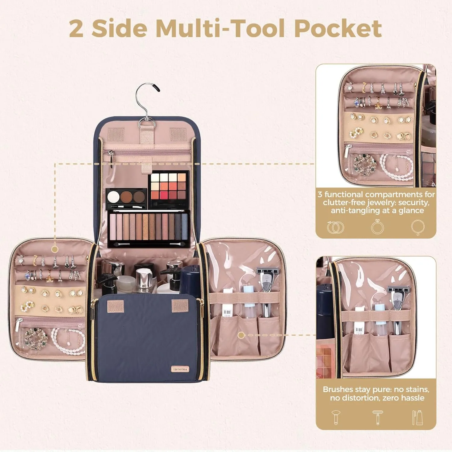 Hanging Toiletry Bag & Makeup Bag for Women with Jewelry Organizer - TSA Approved Large Capacity Travel Cosmetic Organizer, Waterproof Shower Essentials Case with Transparent Pockets