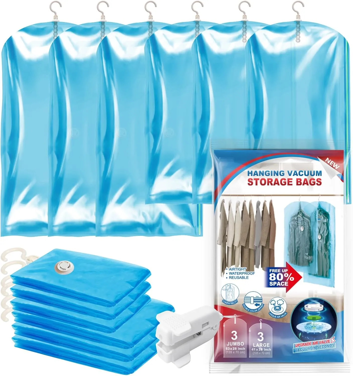 Hanging Vacuum Seal Bags for Clothing, Space Saver Storage Bags Closet Organizers for Coats Jackets, Travel, 3 Jumbo 53x28, 3 Large 41x28 (Inch), Blue