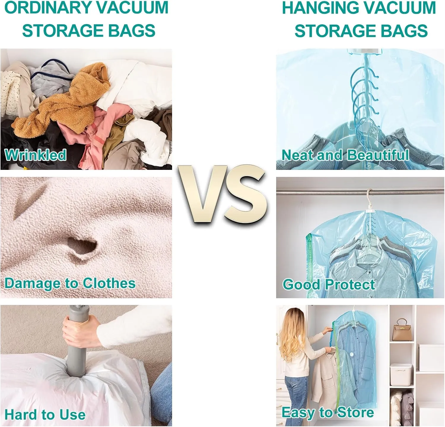Hanging Vacuum Seal Bags for Clothing, Space Saver Storage Bags Closet Organizers for Coats Jackets, Travel, 3 Jumbo 53x28, 3 Large 41x28 (Inch), Blue
