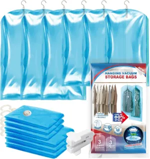 Hanging Vacuum Seal Bags for Clothing, Space Saver Storage Bags Closet Organizers for Coats Jackets, Travel, 3 Jumbo 53x28, 3 Large 41x28 (Inch), Blue
