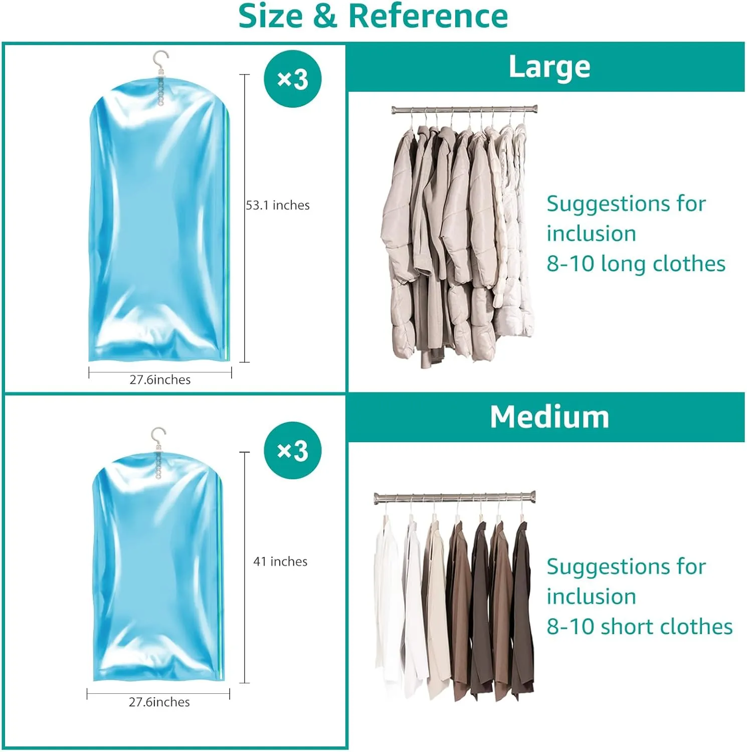 Hanging Vacuum Seal Bags for Clothing, Space Saver Storage Bags Closet Organizers for Coats Jackets, Travel, 3 Jumbo 53x28, 3 Large 41x28 (Inch), Blue