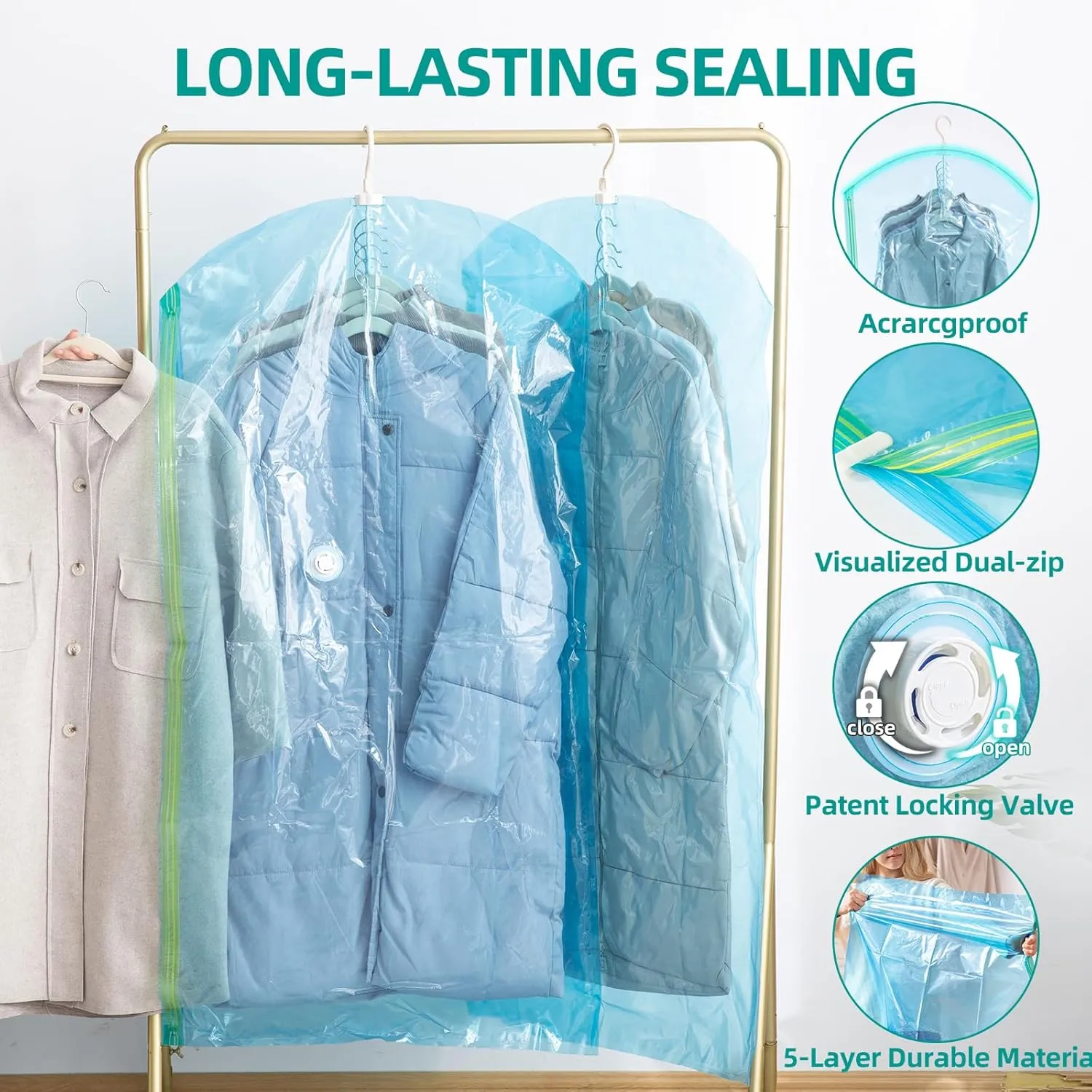Hanging Vacuum Seal Bags for Clothing, Space Saver Storage Bags Closet Organizers for Coats Jackets, Travel, 3 Jumbo 53x28, 3 Large 41x28 (Inch), Blue
