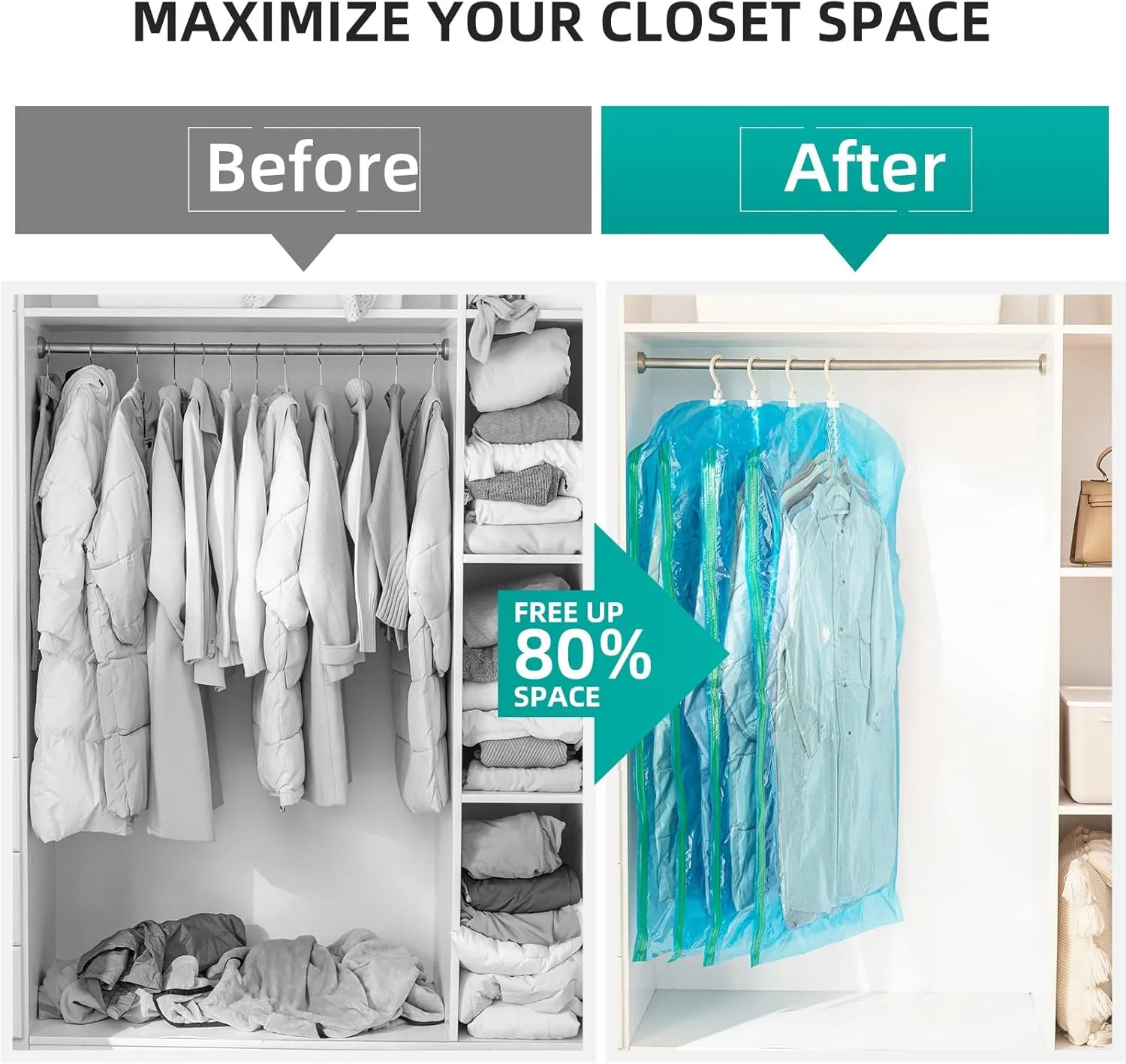Hanging Vacuum Seal Bags for Clothing, Space Saver Storage Bags Closet Organizers for Coats Jackets, Travel, 3 Jumbo 53x28, 3 Large 41x28 (Inch), Blue