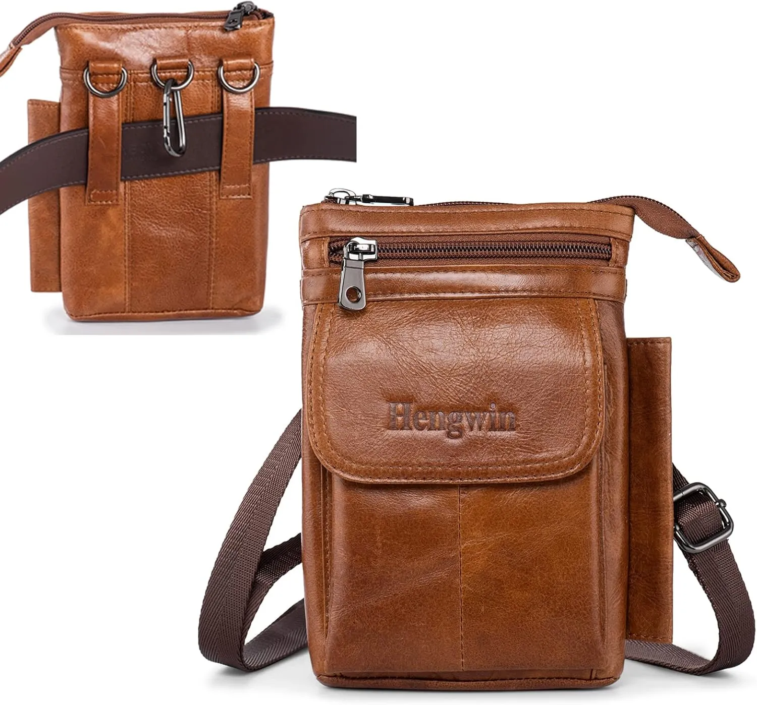 Hengwin Genuine Leather Cell Phone Holster Fit for iPhone 16 15 14 13 Pro Max Samsung Galaxy Note 9 8 S25 S24 S23 Ultra Wallet Case with Belt Clip Passport Pouch Small Crossbody Purse Shoulder Bag