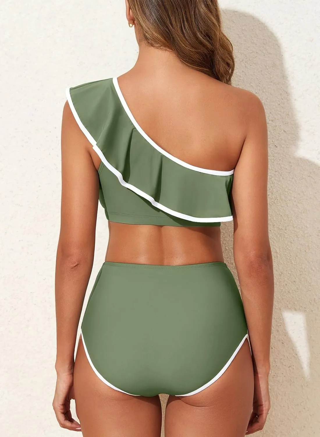 Herseas Women's One Shoulder Bikini Sets Color Block Trim Ruffle Hem Swimsuits Elegant Bathing Suits