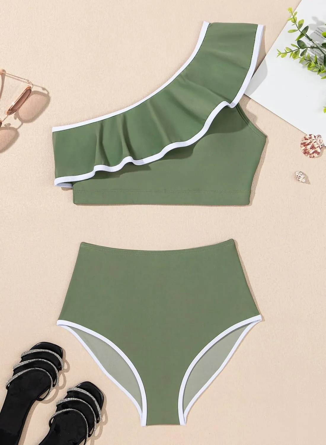 Herseas Women's One Shoulder Bikini Sets Color Block Trim Ruffle Hem Swimsuits Elegant Bathing Suits