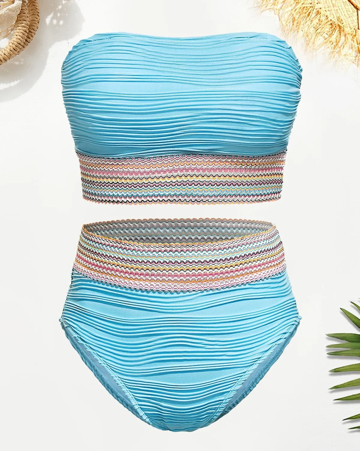 High Waisted Bandeau Bikini Set - Women Strapless Two Piece Swimsuits Ribbed Longline Full Coverage Bathing Suits Swimwear
