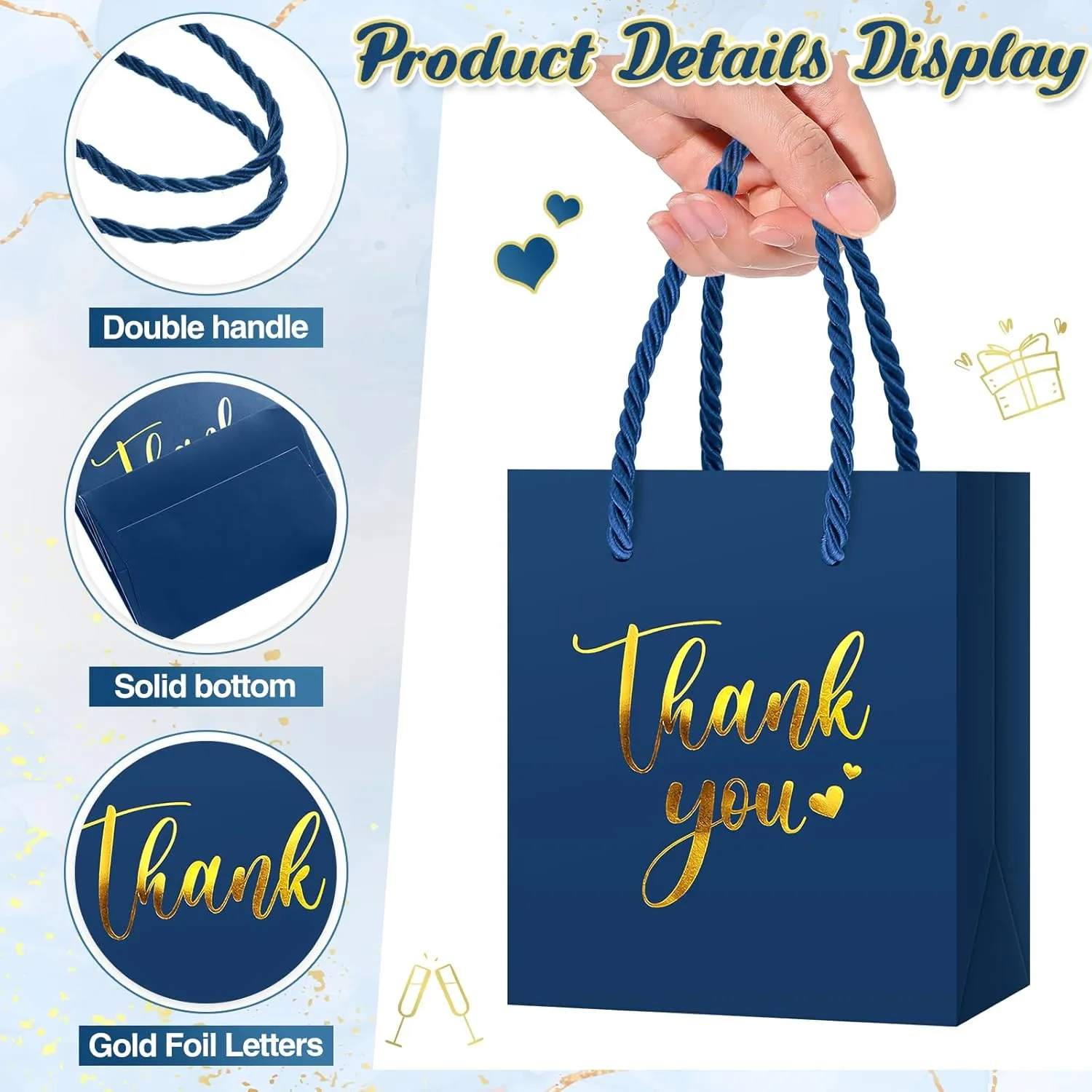 Honoson 60 Pcs Mini Gift Bag with Handle 4 x 2.75 x 4.5'' Small Thank You Paper Foil Gift Bag for Wedding Birthday Party Favor(Navy Blue)