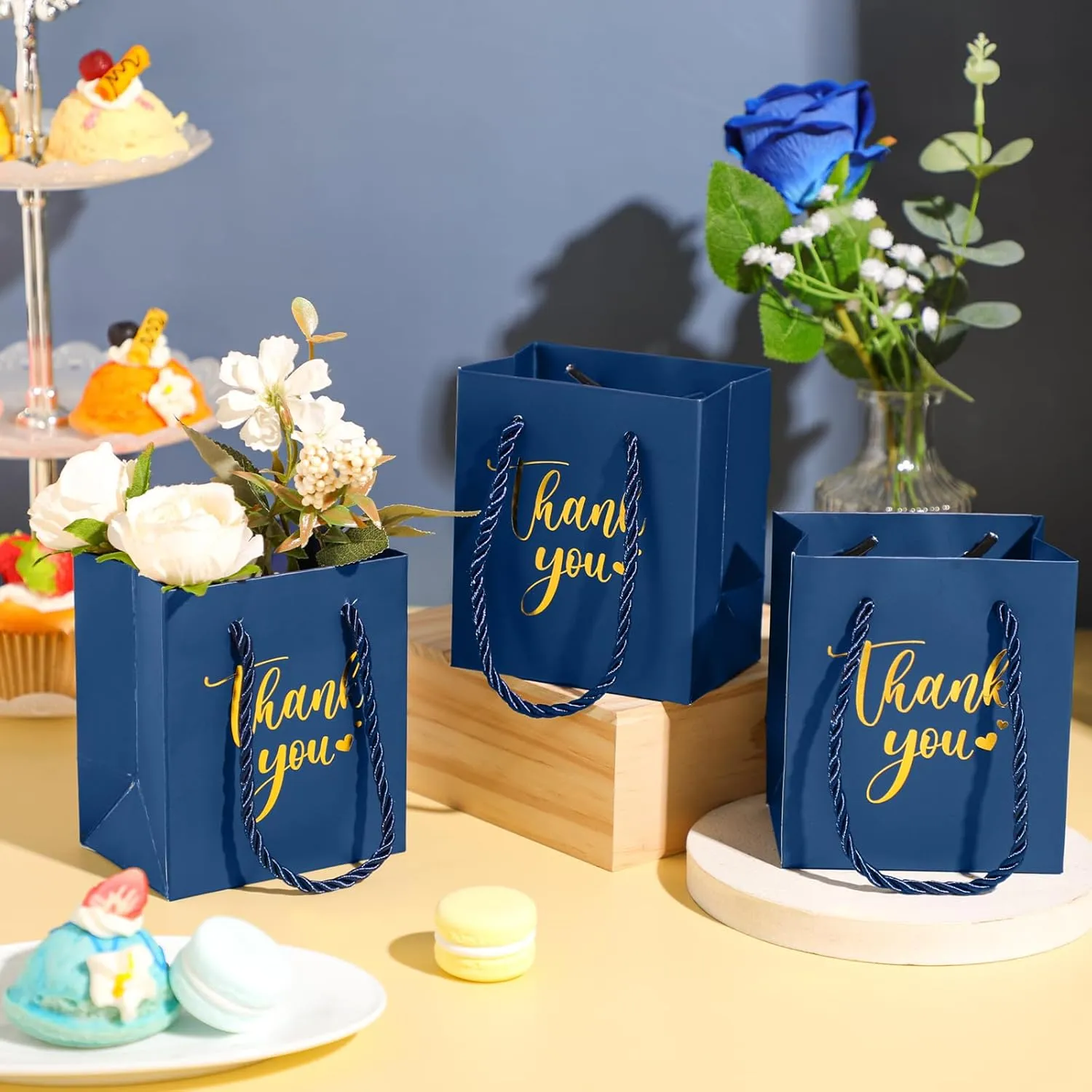 Honoson 60 Pcs Mini Gift Bag with Handle 4 x 2.75 x 4.5'' Small Thank You Paper Foil Gift Bag for Wedding Birthday Party Favor(Navy Blue)