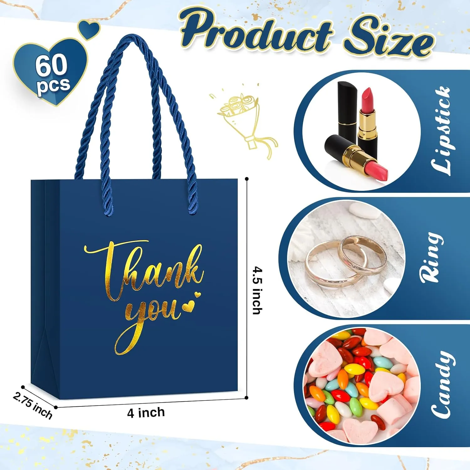 Honoson 60 Pcs Mini Gift Bag with Handle 4 x 2.75 x 4.5'' Small Thank You Paper Foil Gift Bag for Wedding Birthday Party Favor(Navy Blue)