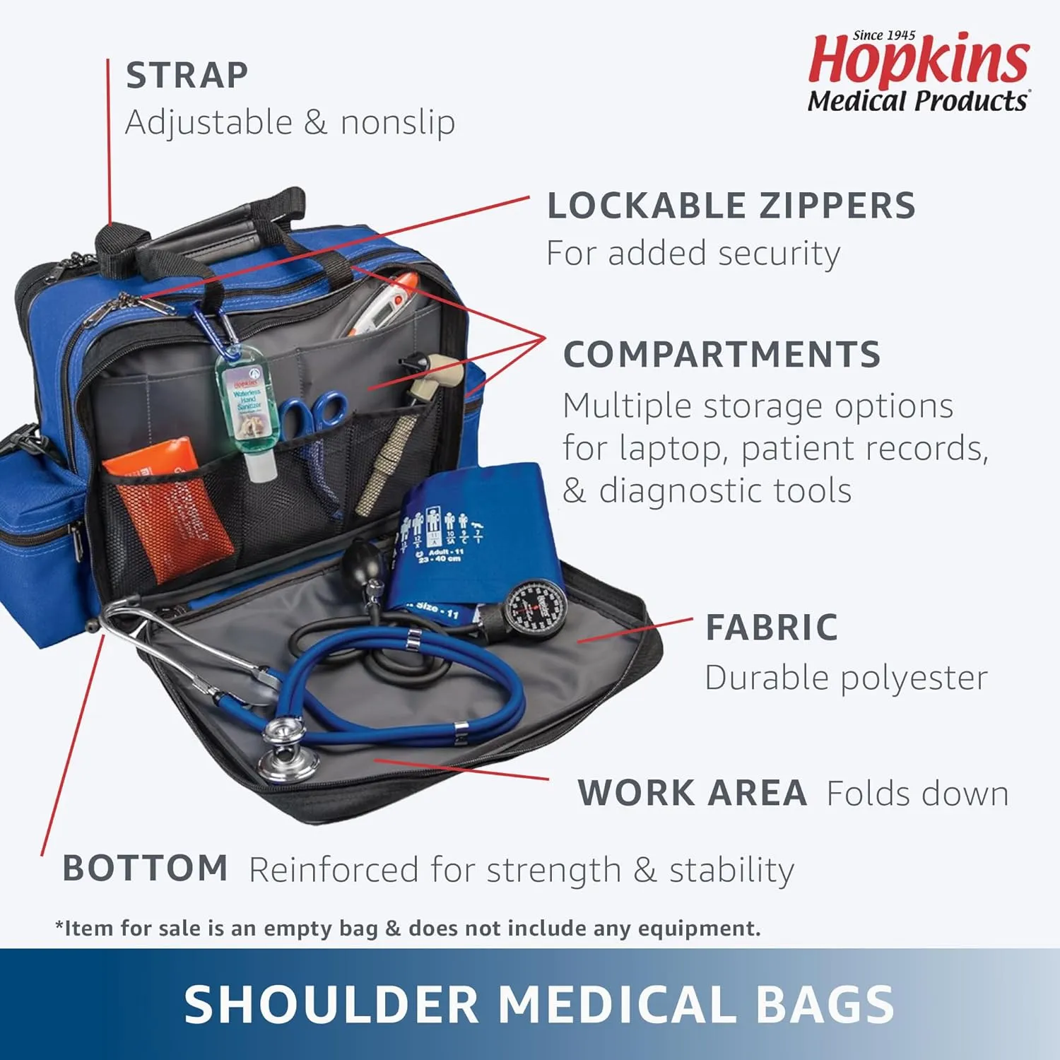 Hopkins Medical Products Mark V Shoulder Bag, HIPAA Compliant Lockable Zippers, Adjustable Straps and Reinforced Bottom, Fold-Down Compartment for Easy Access, 13x11.25x7.5in, Royal Blue