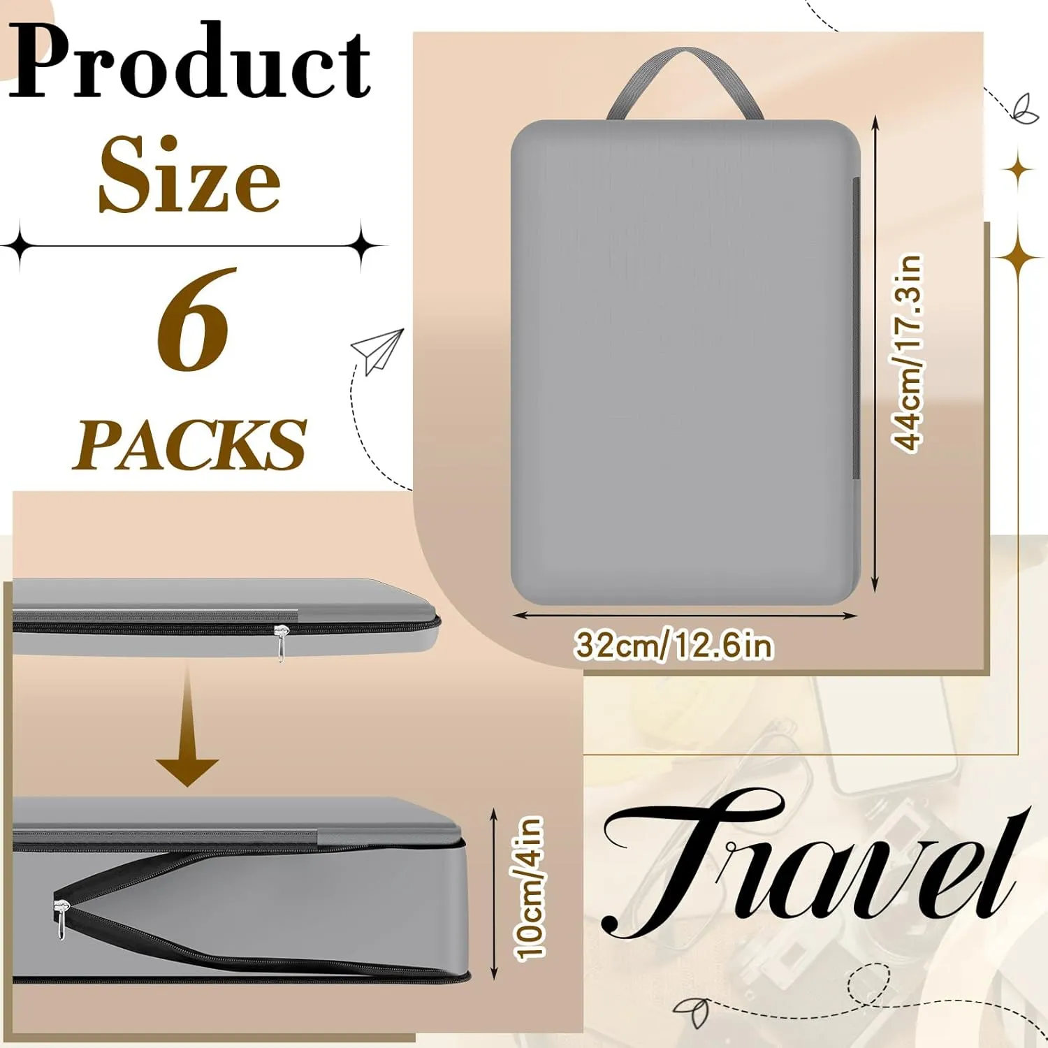 Hosuly 6 Pcs 17.3 x 12.6'' Compression Packing Cube Bag Extra Large Travel Expandable Space Saving Organizers XL for Luggage Storage(Dark Gray)