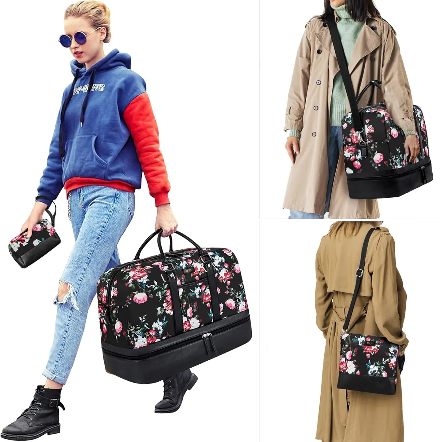 IBFUN Weekender Bags for Women, Large Overnight Bag Canvas Travel Duffel Bag Carry On Tote with Shoe Compartment 21" 3Pcs Set