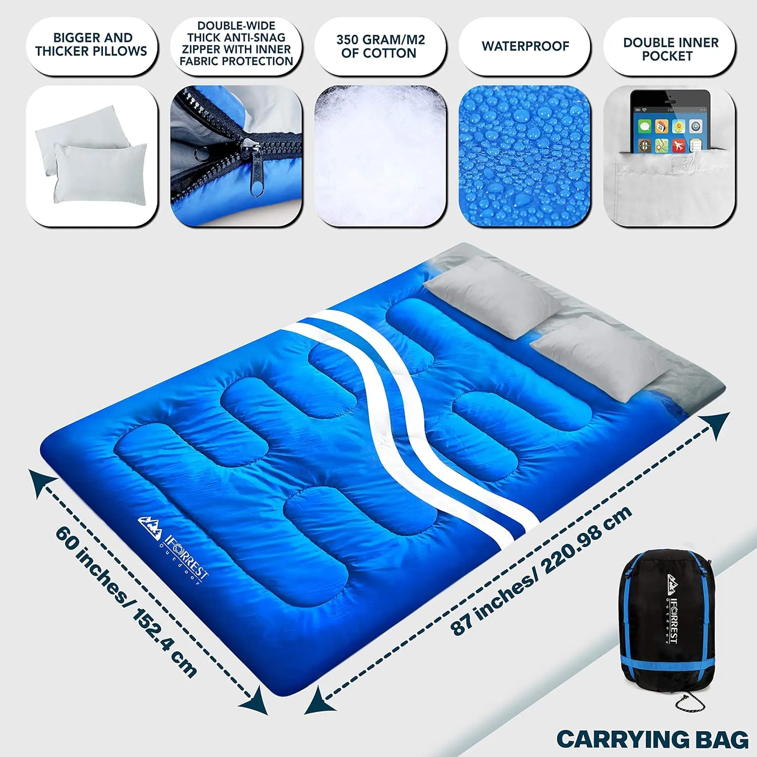 IFORREST Double Sleeping Bag for Adults - 2 Person Cold Weather(3-4 Seasons) Camping Bed, Extra-Wide & Warm - Queen Size XL