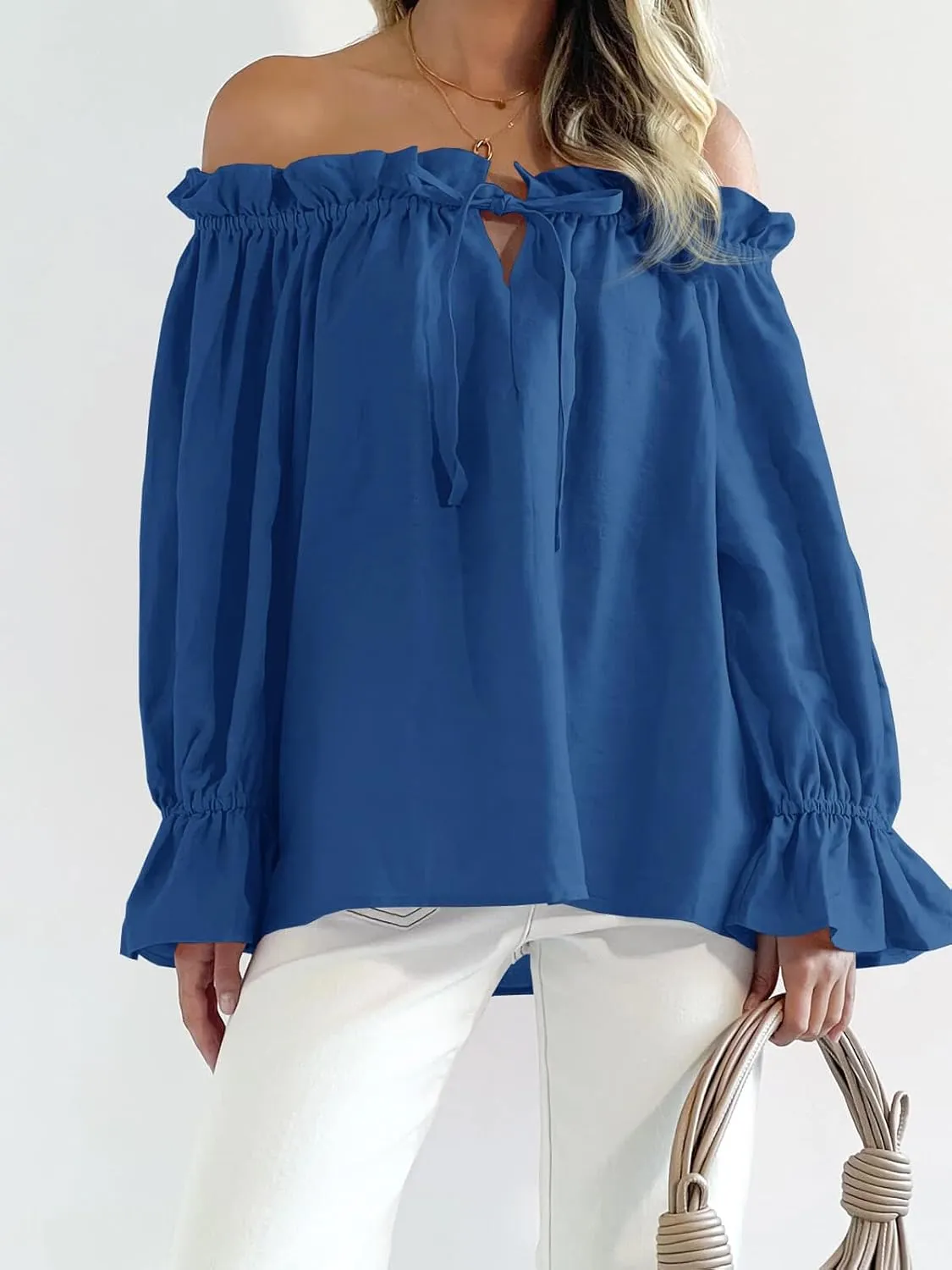 Imily Bela Womens Off The Shoulder Tops Puff Long Sleeve Tie Front Loose Fit Ruffle Shirts Blouses