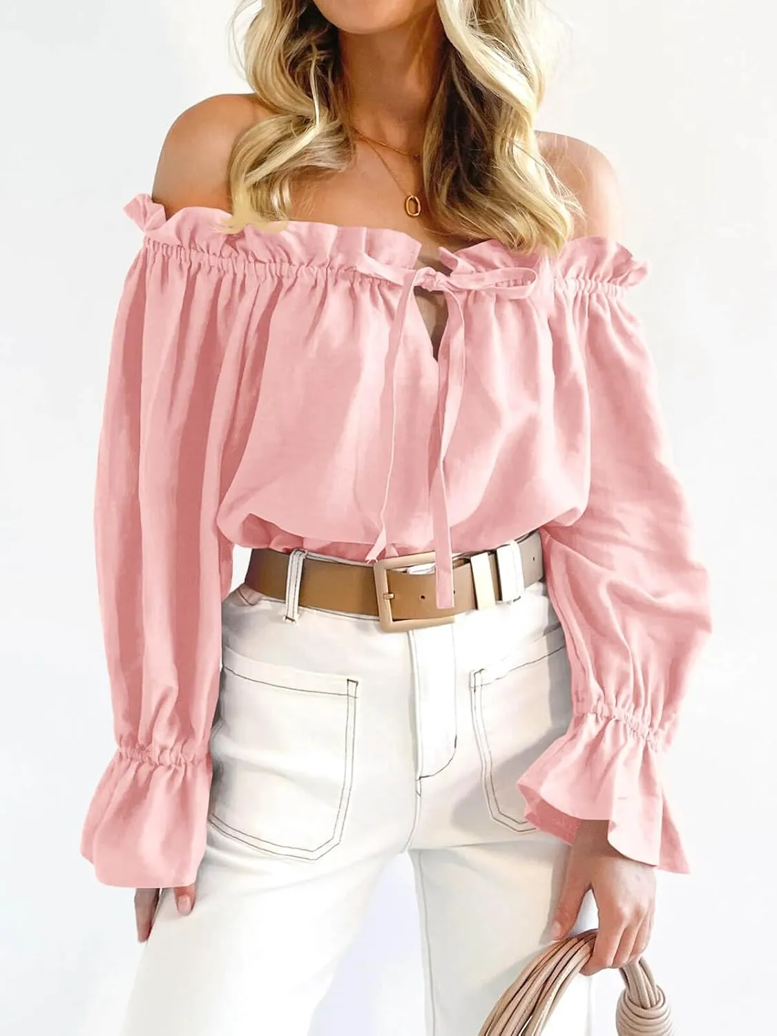 Imily Bela Womens Off The Shoulder Tops Puff Long Sleeve Tie Front Loose Fit Ruffle Shirts Blouses