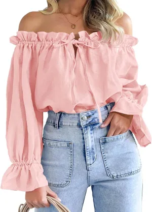 Imily Bela Womens Off The Shoulder Tops Puff Long Sleeve Tie Front Loose Fit Ruffle Shirts Blouses