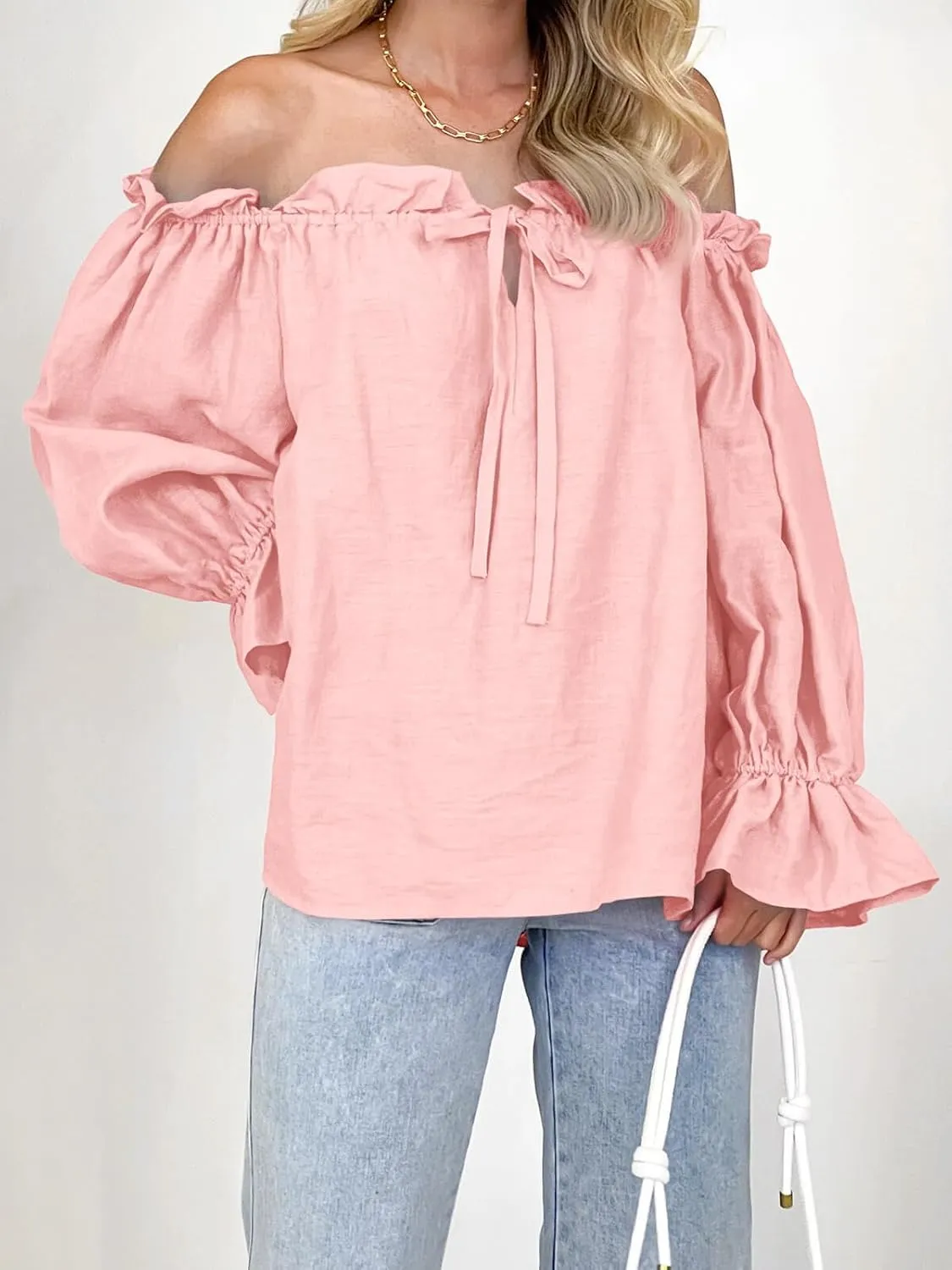 Imily Bela Womens Off The Shoulder Tops Puff Long Sleeve Tie Front Loose Fit Ruffle Shirts Blouses