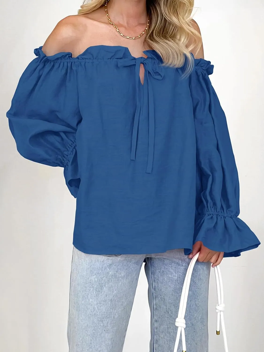 Imily Bela Womens Off The Shoulder Tops Puff Long Sleeve Tie Front Loose Fit Ruffle Shirts Blouses