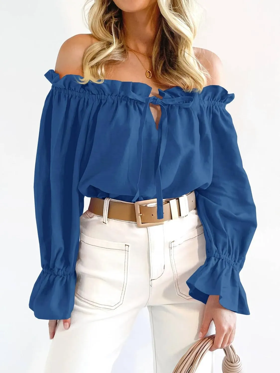 Imily Bela Womens Off The Shoulder Tops Puff Long Sleeve Tie Front Loose Fit Ruffle Shirts Blouses