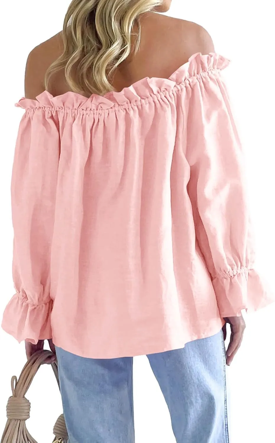 Imily Bela Womens Off The Shoulder Tops Puff Long Sleeve Tie Front Loose Fit Ruffle Shirts Blouses
