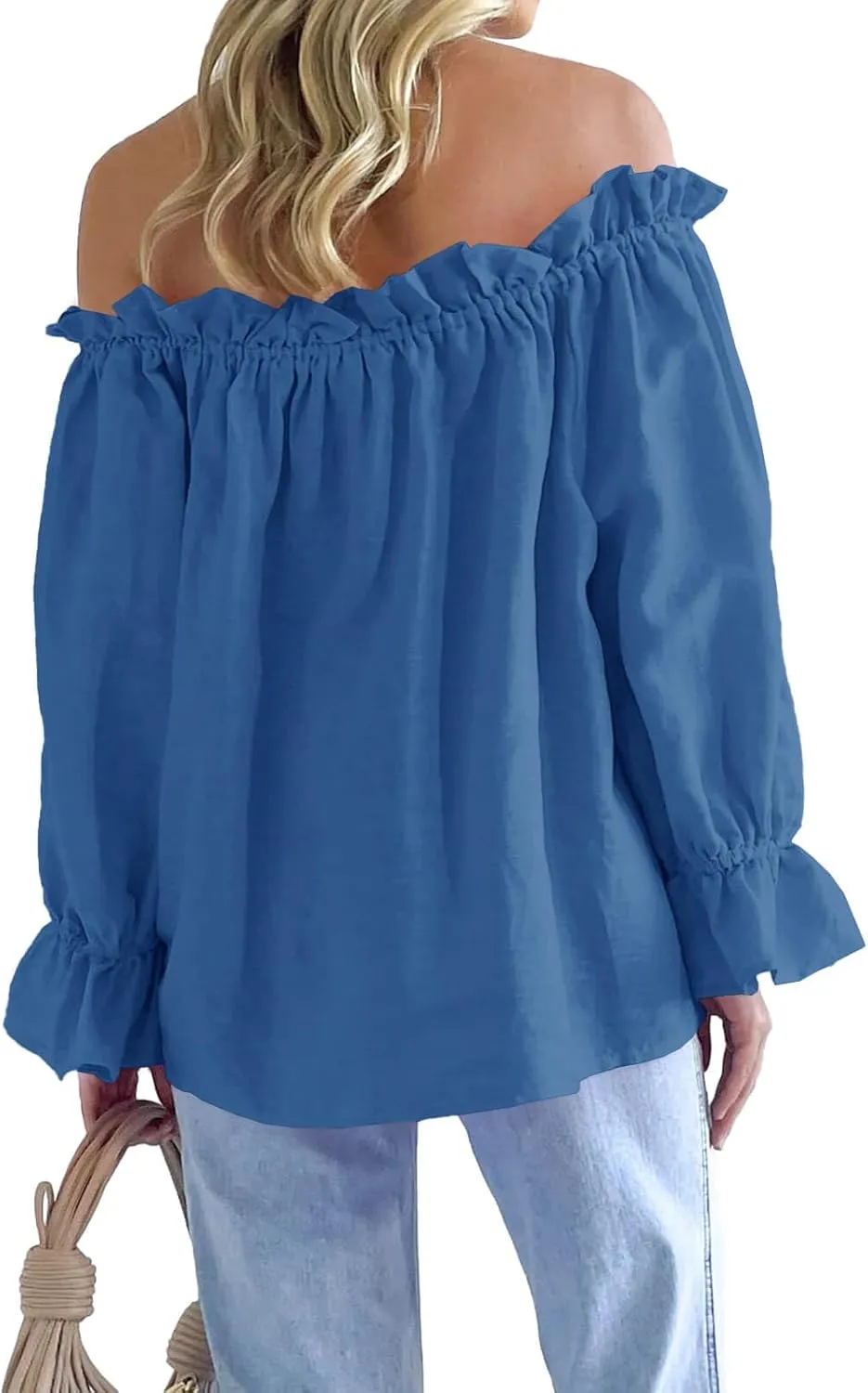 Imily Bela Womens Off The Shoulder Tops Puff Long Sleeve Tie Front Loose Fit Ruffle Shirts Blouses